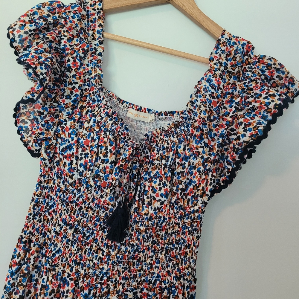 Tory Burch-Printed wildflower 100% cotton midi dress  Small Elastic Stretch